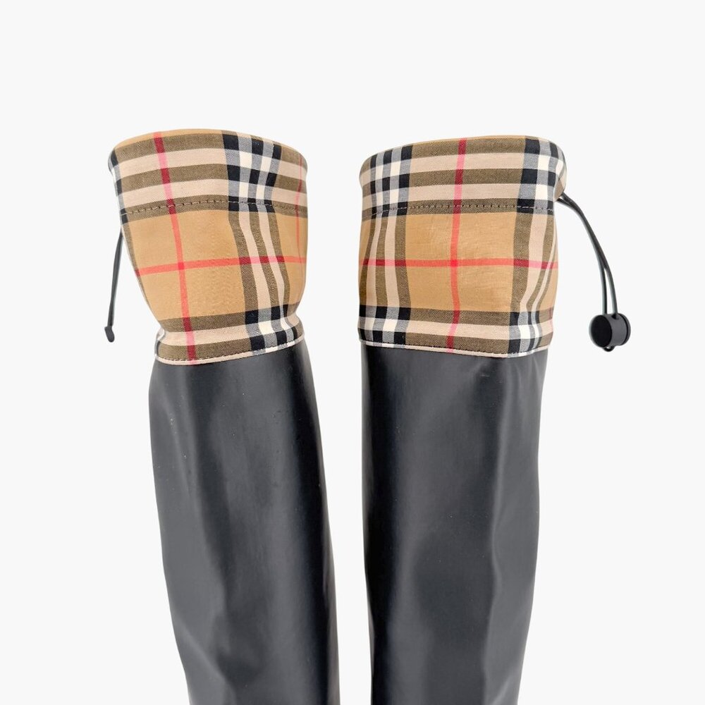Burberry Freddie Over The Knee Rain Boots EU 37 US 7 Black Rubber Beige Check - Picture 4 of 16